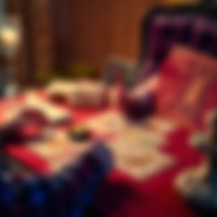 A tarot reader conducts a reading with cards laid out on a table.