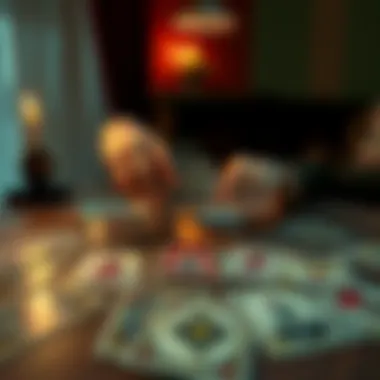 A table with tarot cards laid out and two hands reaching for a card, symbolizing a tarot reading session.