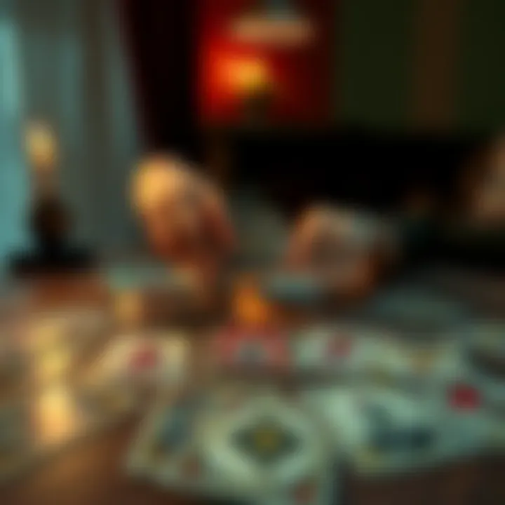 A table with tarot cards laid out and two hands reaching for a card, symbolizing a tarot reading session.