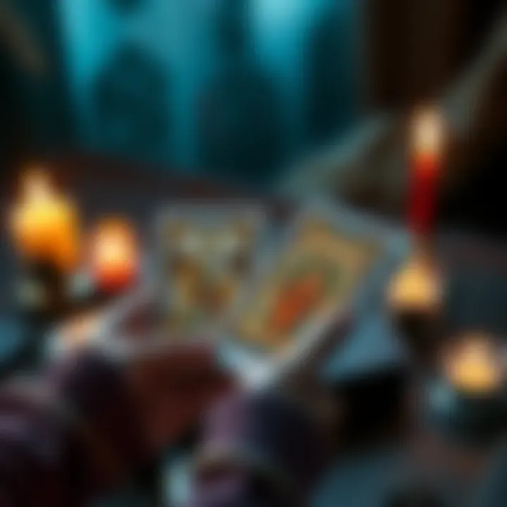 A person holding tarot cards with a lit candle and mystical symbols nearby, ready for a tarot reading.