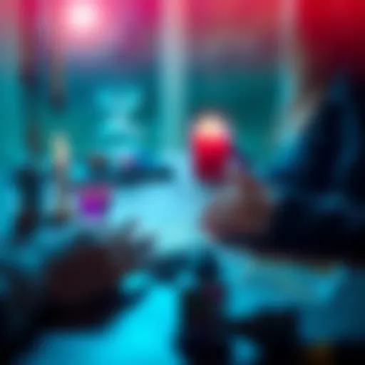 A person shuffling tarot cards with a candle and crystals on the table, inviting questions for free readings.