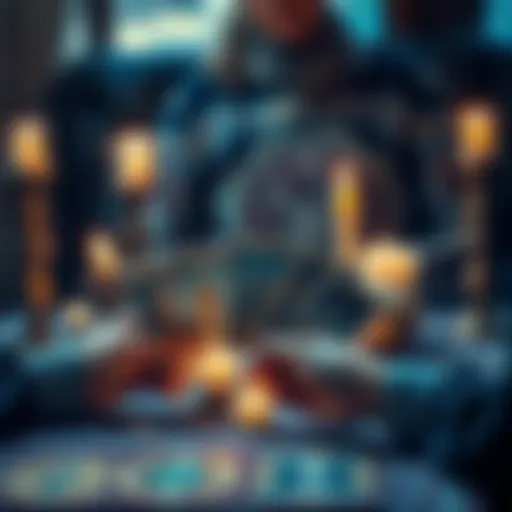 A person holding tarot cards in front of a table with candles and crystals, inviting connections and questions.