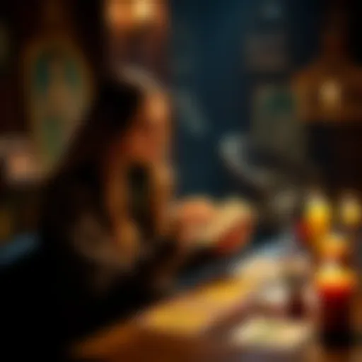 A tarot reader holding cards at a table, inviting people for free readings, with a warm and welcoming atmosphere.