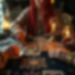 A person doing a tarot reading with a deck of cards spread out on a table, inviting others to participate and ask questions.