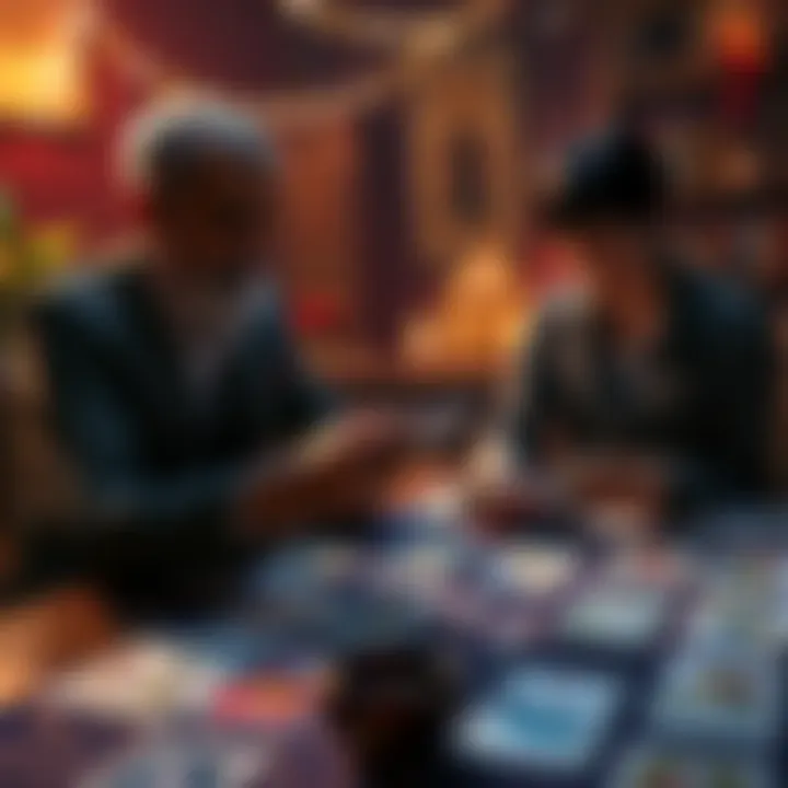 A tarot reader shuffling cards while a client looks on, colorful cards spread out on a table, warm lighting creating a cozy atmosphere.