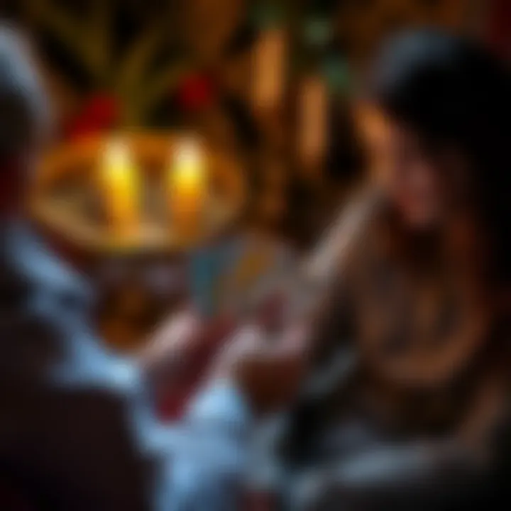 Tarot Reading Session A person holding tarot cards while giving a reading to another person.
