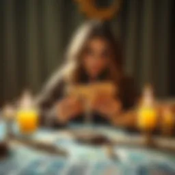 Gaby, a tarot reader, holds tarot cards with a bright table setup in both English and Spanish.