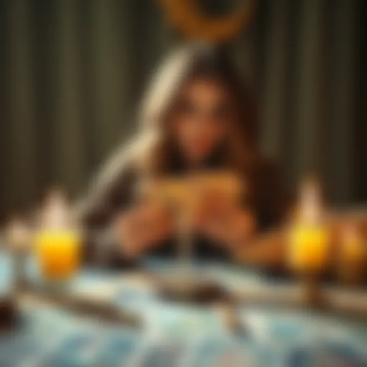 Tarot Reading Session Gaby, a tarot reader, holds tarot cards with a bright table setup in both English and Spanish.