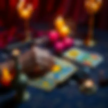 Tarot Reading Session A person selecting tarot cards from a colorful deck on a table with candles and crystals