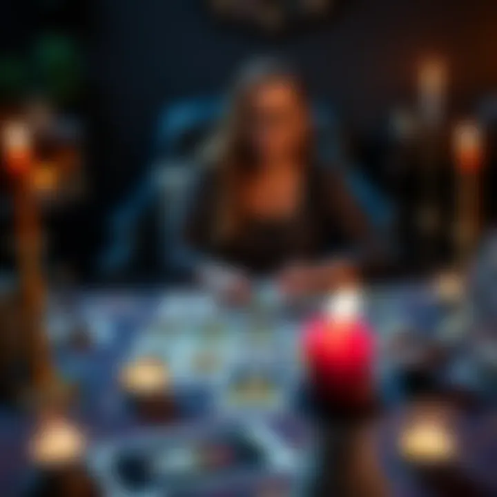 Maria conducts a tarot reading with cards laid out on a table, surrounded by crystals and candles, inviting a calm atmosphere for guidance.