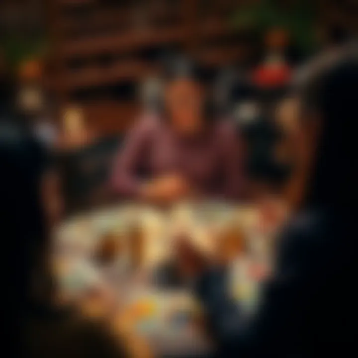 A woman named Maria conducting a tarot reading with colorful cards spread out on a table, inviting people to engage with personalized insights.