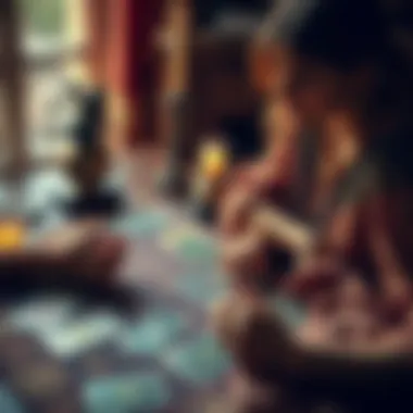 A beginner tarot reader performing a reading with tarot cards spread on a table, focusing on love situations, with a warm atmosphere.