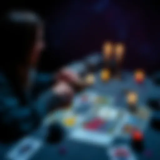 A person receiving a tarot reading from an intuitive reader, with tarot cards spread on a table and a calming atmosphere.