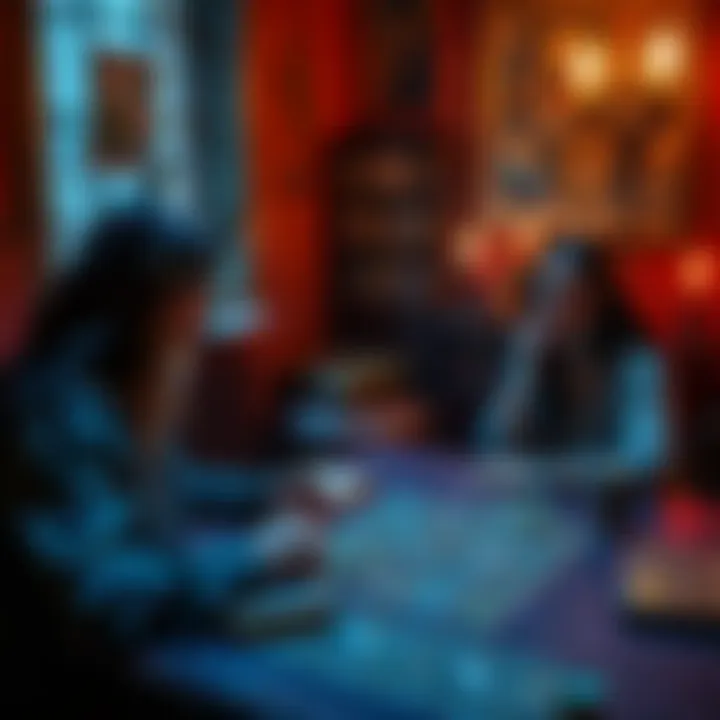 Tarot Reading Session A tarot reader sitting at a table with cards spread out, engaged with a client during a reading