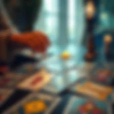 A tarot card spread laid out on a table with a person reaching for a card, symbolizing seeking insights through readings.