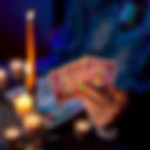 A person holding tarot cards with a mystical background and candles around them, representing a tarot reading experience.