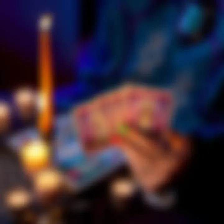 A person holding tarot cards with a mystical background and candles around them, representing a tarot reading experience.