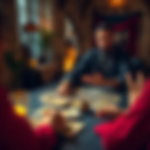 A tarot reader, Dante, offers a reading with colorful cards spread on a table, creating a warm and inviting atmosphere.