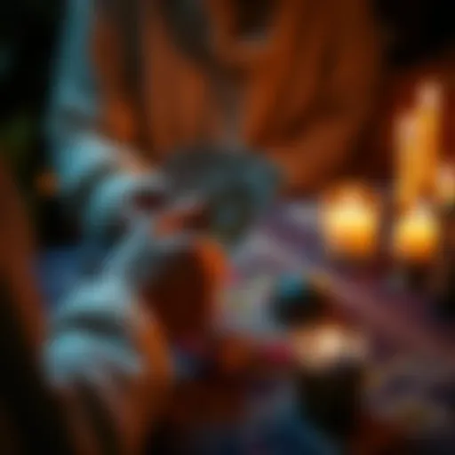 A person holding tarot cards, with a small table set up for a tarot reading, featuring candles and crystals