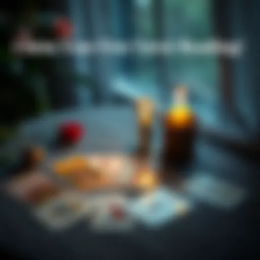 A serene setting with a tarot card spread on a table and a lit candle, inviting love insights.