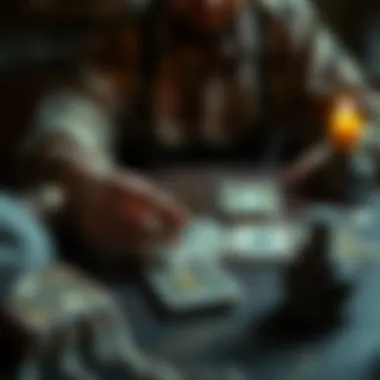 Tarot Reading Session A person shuffles tarot cards on a table, inviting others for free readings and feedback.