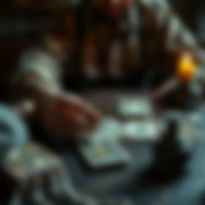 Tarot Reading Session A person shuffles tarot cards on a table, inviting others for free readings and feedback.