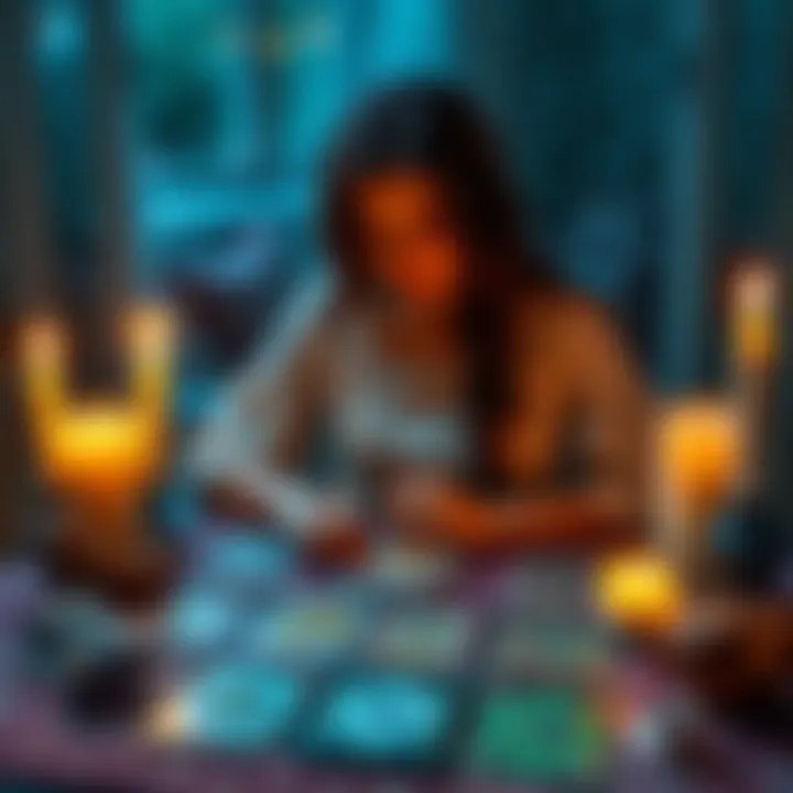 A person sitting at a table with Tarot cards laid out, focusing on a reading with candles and crystals around.