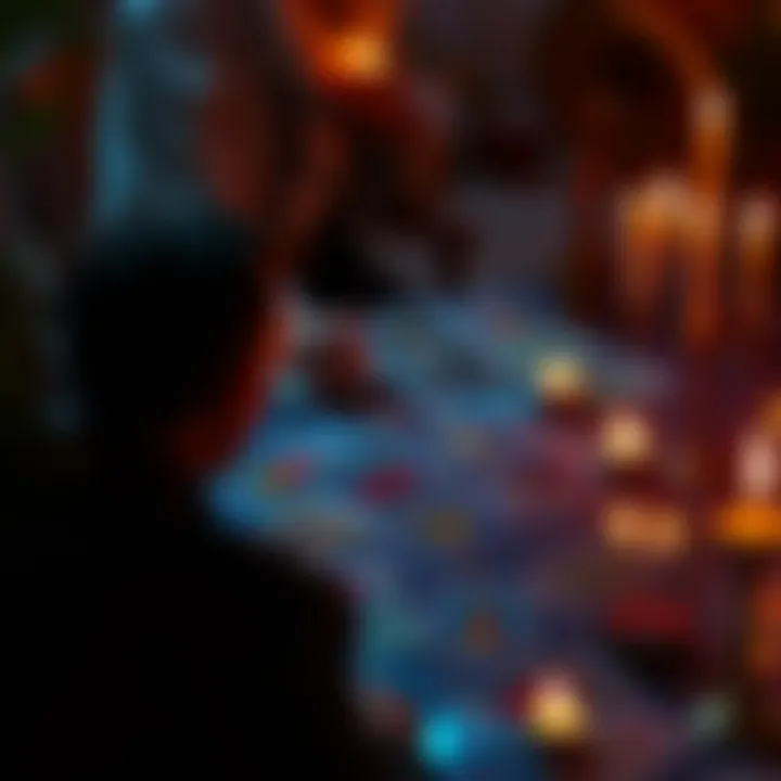 A person performing a Tarot reading with cards spread out on a table, candles lit nearby, creating a mystical atmosphere.