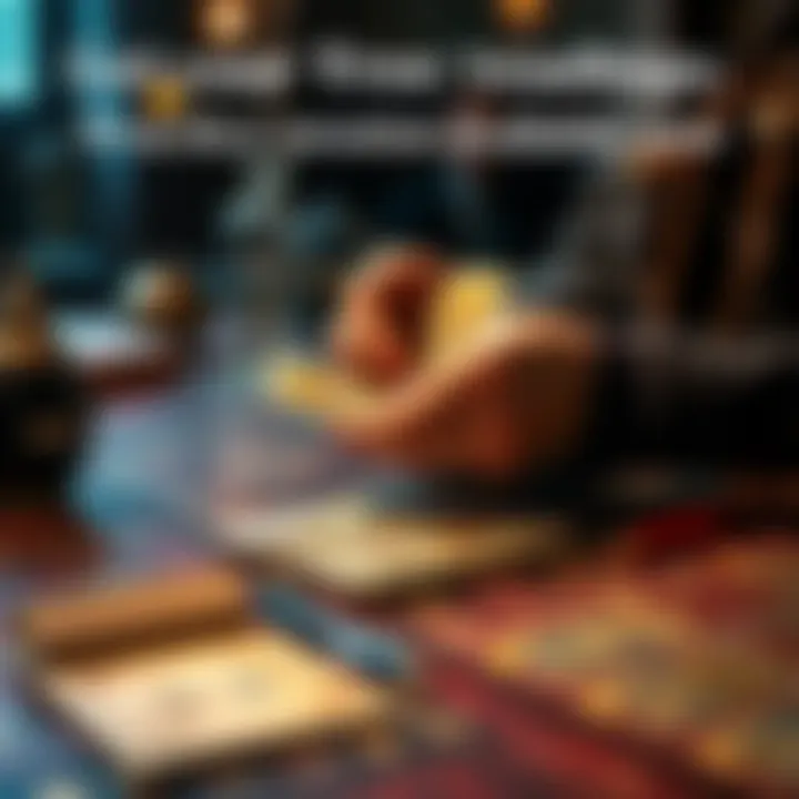 A person shuffling tarot cards on a table with a notebook and pen nearby