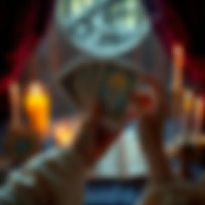 A person holding tarot cards in their hands, with a mystical background and candles lit nearby, inviting for a personal reading.