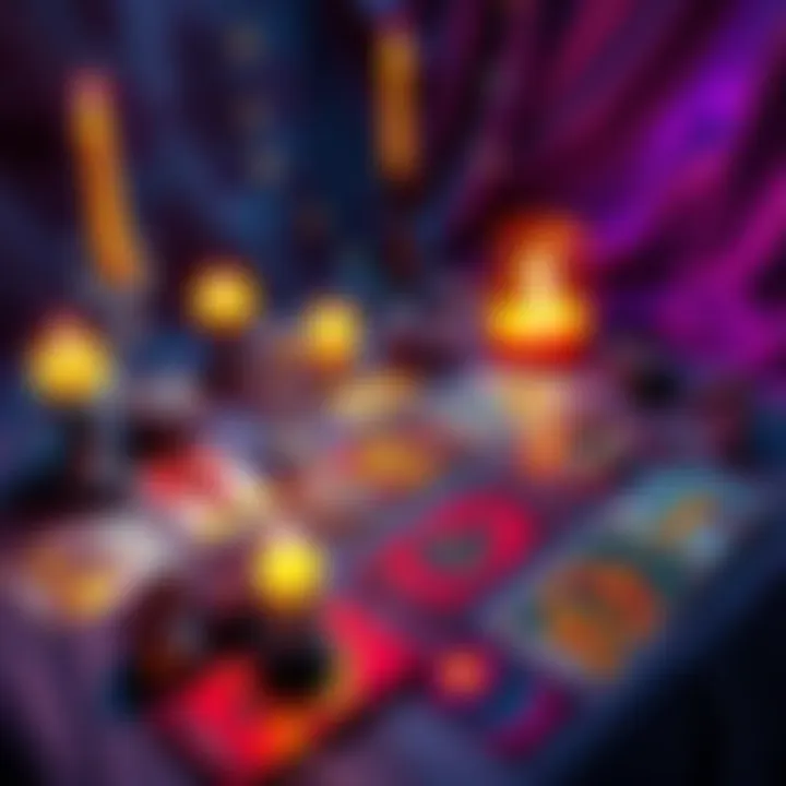 A colorful spread of tarot cards on a table with candles and crystals, inviting people to join a free reading session.