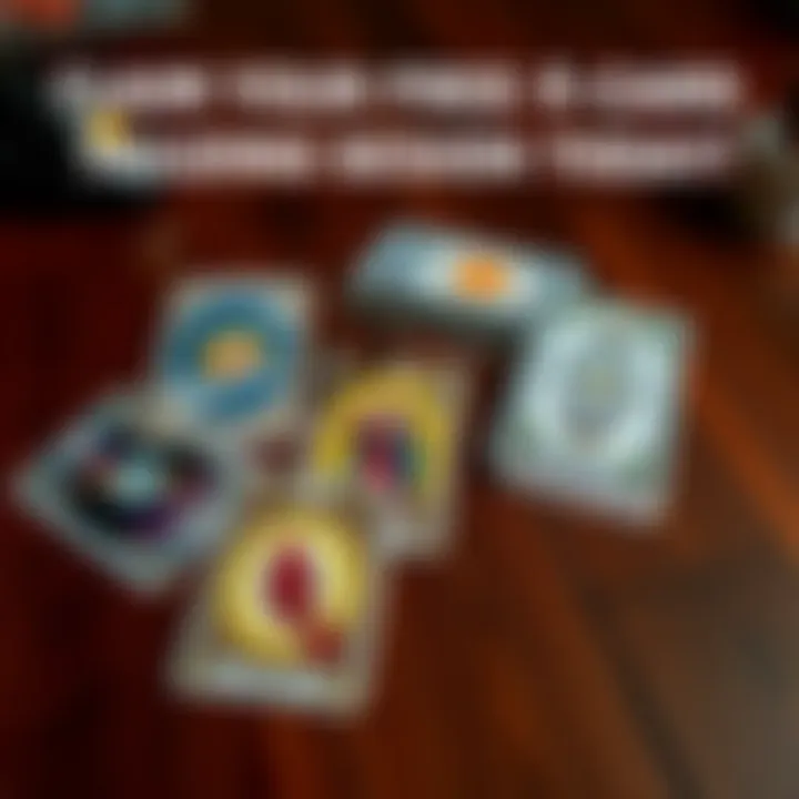 A colorful spread of four tarot cards on a wooden table, inviting people for a reading session