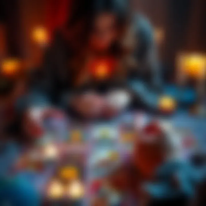 A person giving a tarot reading with colorful cards spread on a table, with crystals and candles around.