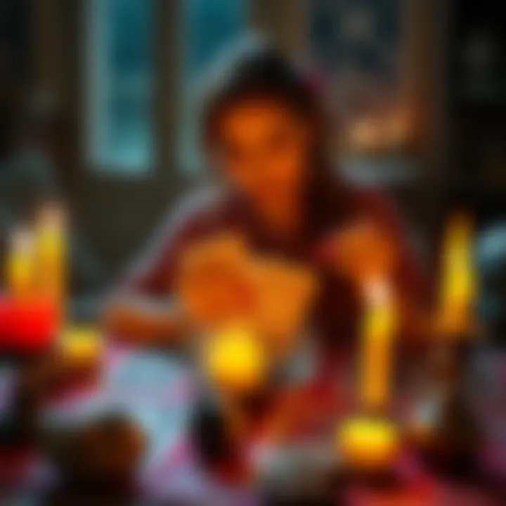 A person holding tarot cards, looking thoughtful and focused on a table with candles and crystals.