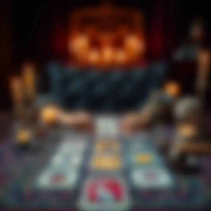 Tarot Reading Session A tarot reader laying out cards on a table with candles and crystals, inviting people for free readings in exchange for reviews.