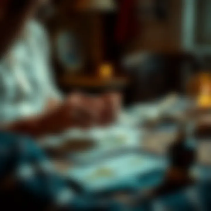 A person shuffling tarot cards on a table with soft lighting and a calming atmosphere.