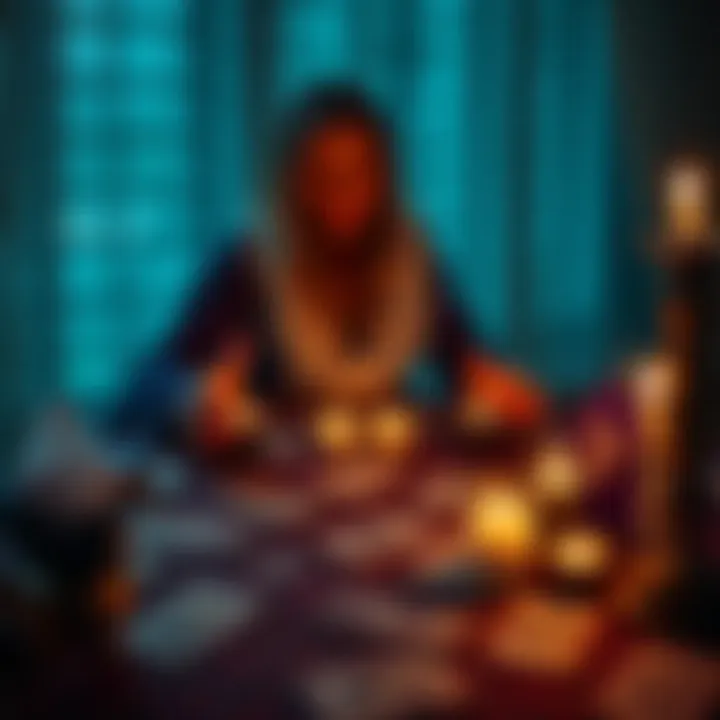 A person conducting a tarot reading with cards laid out on a table surrounded by candles and crystals.
