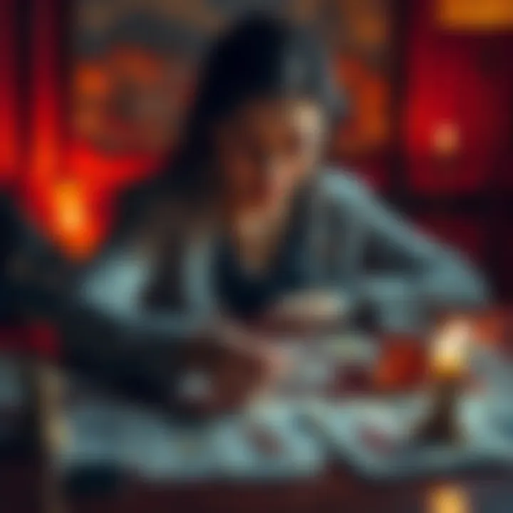 A woman conducting an intense tarot reading with cards laid out on a table, reflecting a focus on personal clarity and insights.
