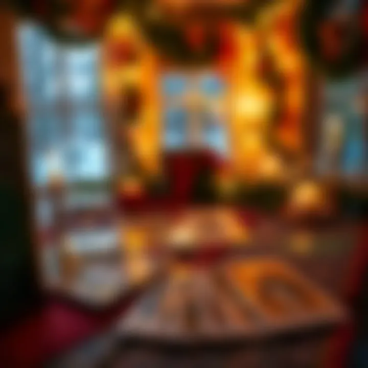 A cozy setting with tarot cards laid out on a table surrounded by festive decor and candles, inviting people for readings during the Yuletide season.