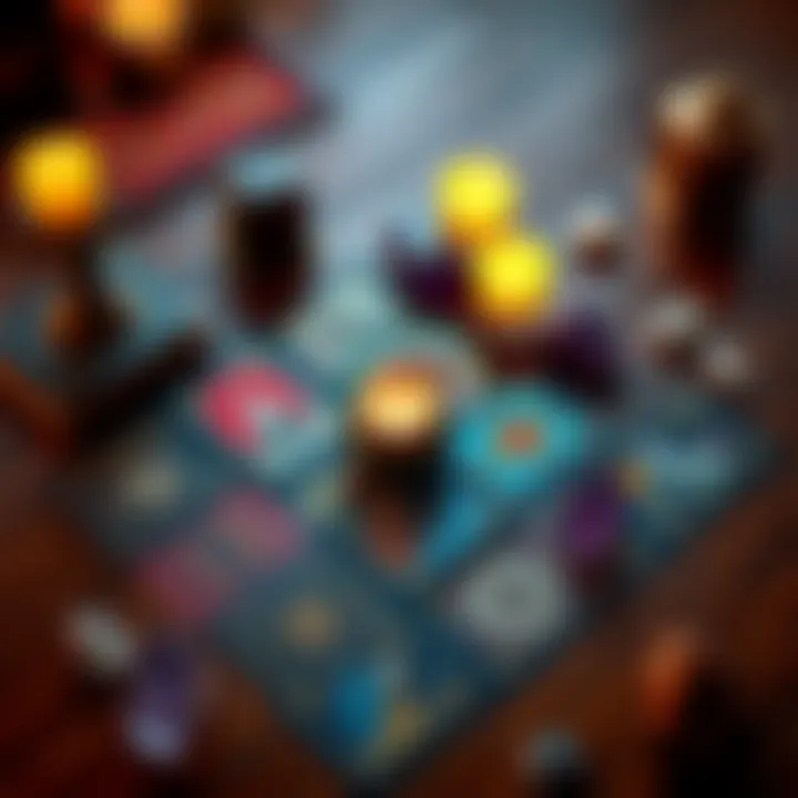 A colorful spread of tarot cards on a wooden table with a candle and crystals.