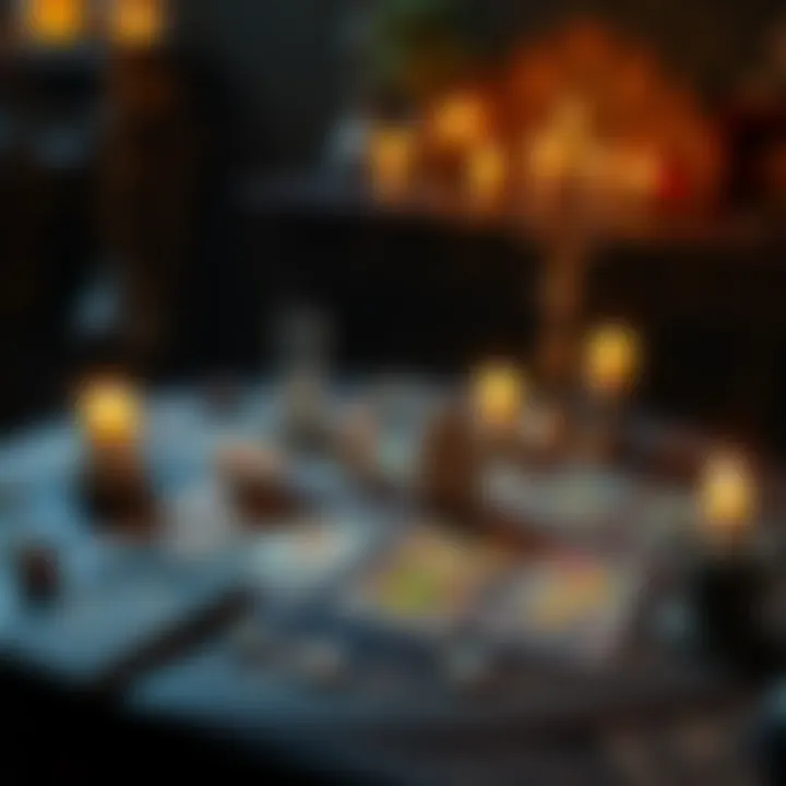 A beautifully arranged tarot card spread on an ornate table with candles and crystals, inviting spiritual exploration.