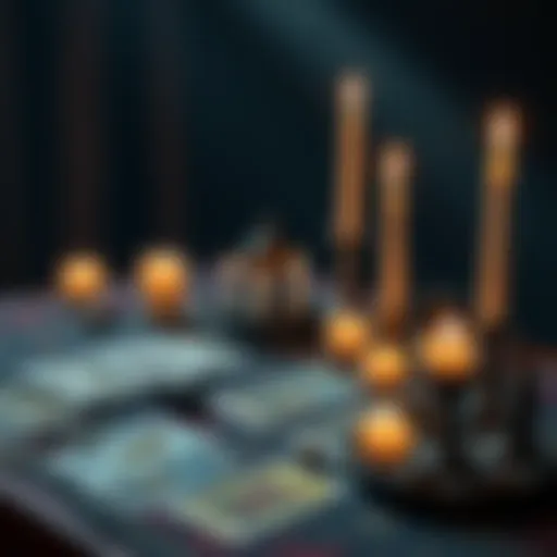 A tarot reader's table with a deck of tarot cards and candles