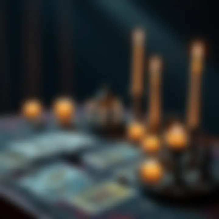 A tarot reader's table with a deck of tarot cards and candles