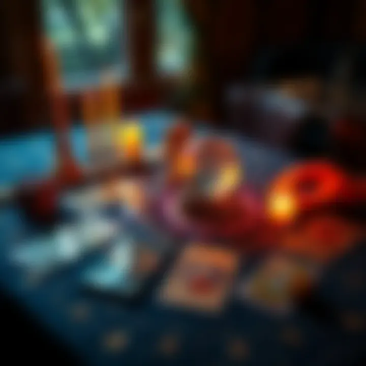 A table with tarot cards spread out, a crystal ball, and candles, inviting people to choose a reading.