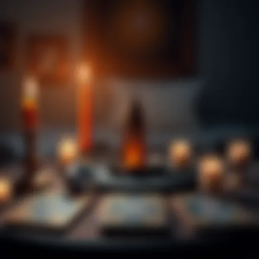 A tarot reading setup featuring the Tower card prominently displayed among other tarot cards, with candles and crystals surrounding them.