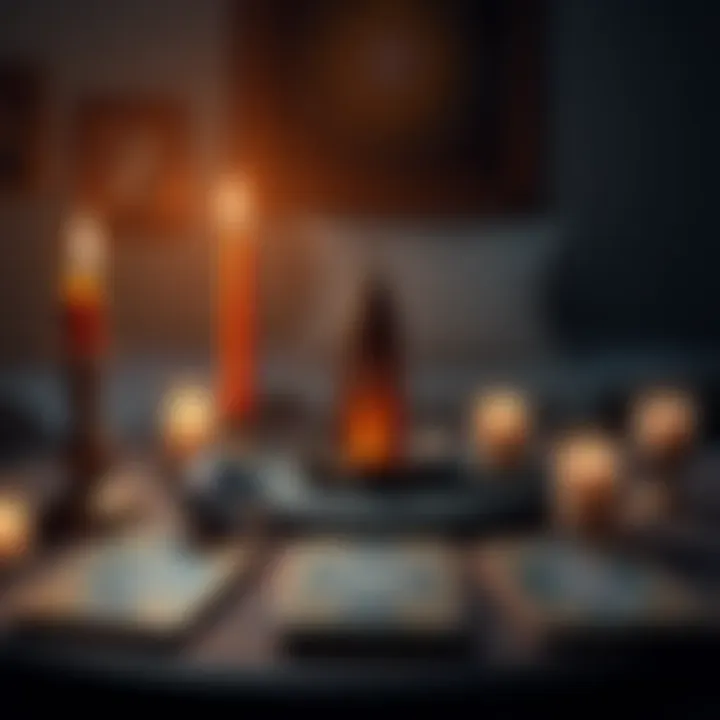 A tarot reading setup featuring the Tower card prominently displayed among other tarot cards, with candles and crystals surrounding them.