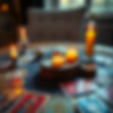 A table set up for tarot card readings with colorful cards spread out and candles lit