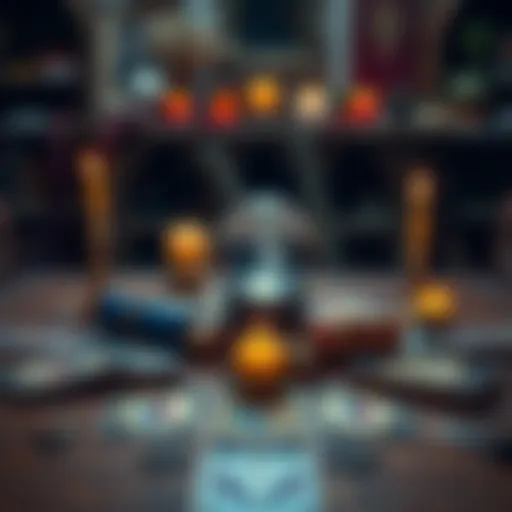 A table with tarot cards laid out, candles, and a crystal ball, inviting people for tarot readings