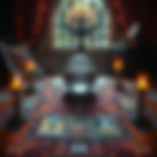 A table with tarot cards spread out, candles lit, and a crystal ball in the center, representing a tarot reading session.