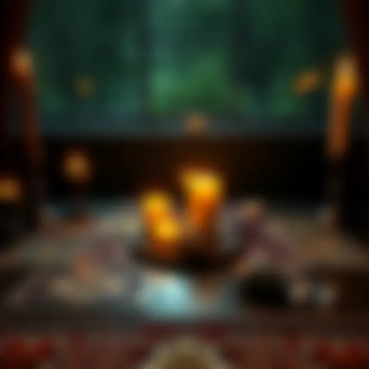 A tarot card spread with candles and crystals on a table, inviting people for a reading